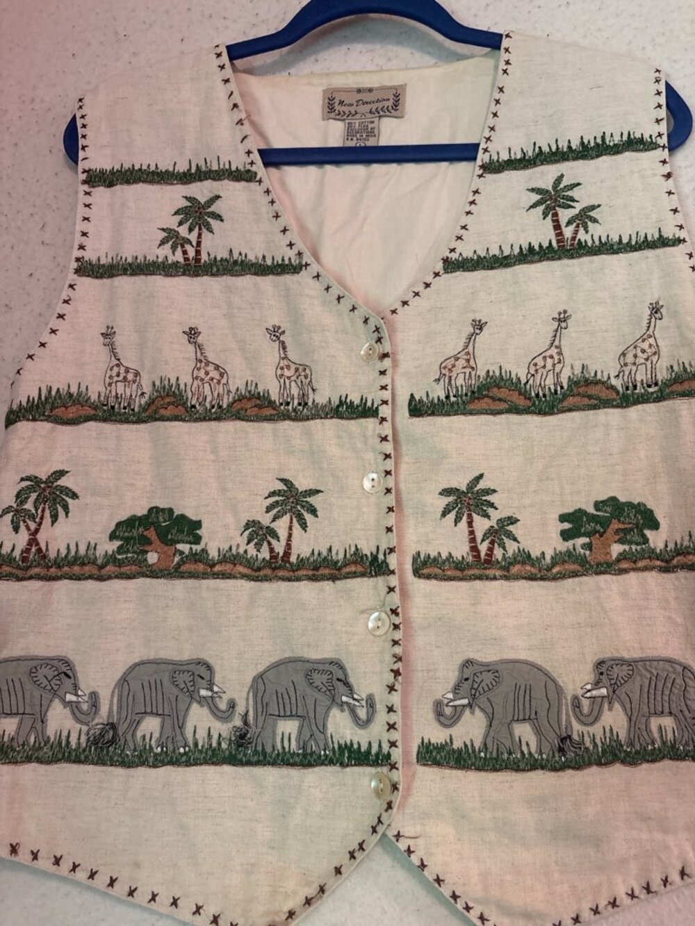Vintage New Direction Safari Vest L Elephant Giraffe Linen Blend 90s Boho